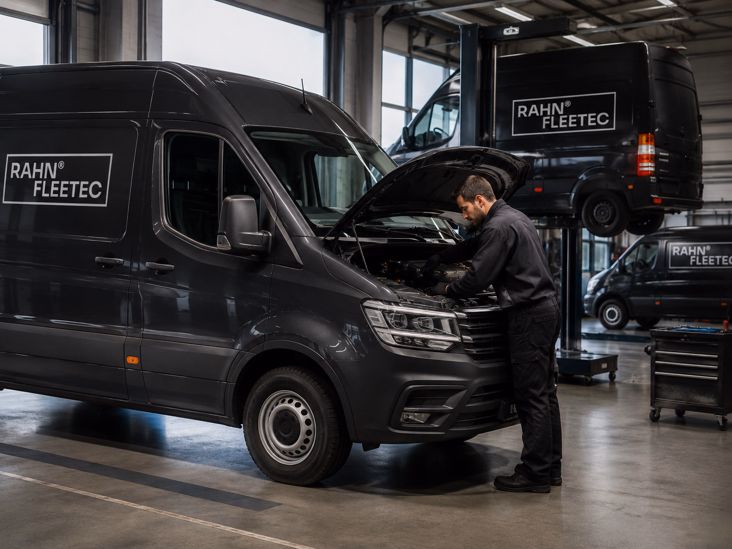 Mechaniker von RAHN Fleetec bei der Wartung eines Transporters